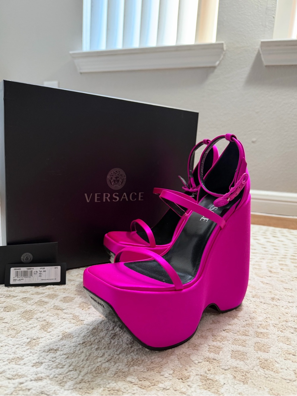 Versace Fuchsia Platform Wedge Sandals with Ankle Straps